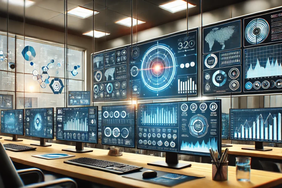 A modern digital marketing control room with multiple computer screens displaying real-time data analytics, graphs, and charts.